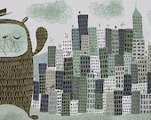 Large Giant Suburban Bear Monster visits Chicago. 13x19 print by Matte Stephens.