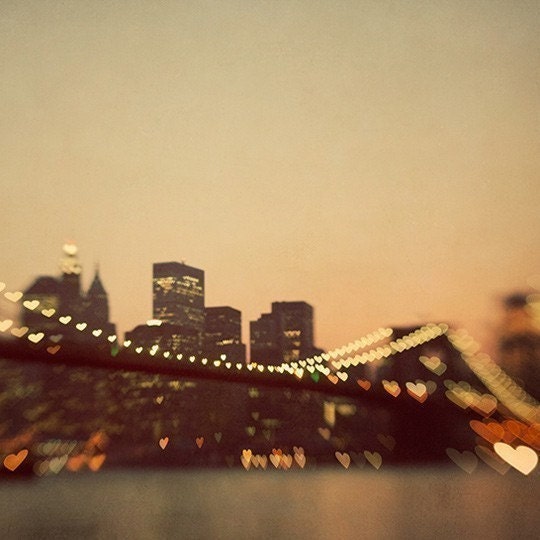 NYC photograph, Romantic Valentine - I Love New York (1) - Hearts on Brooklyn Bridge, Mad Men, New York City, Night - Travel photography
