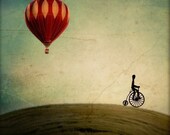 Nursery Wall Art,  Nursery Decor, Red Hot Air Balloon, Bicycle, Surreal Photography - Penny Farthing for Your Thoughts