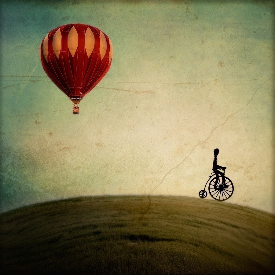 25% OFF Nursery Wall Art, Nursery Decor, Red Hot Air Balloon, Bicycle, Surreal Photography - Penny Farthing for Your Thoughts