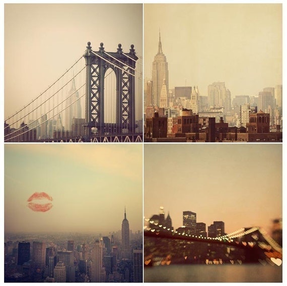 Four NYC Photographs - I Love New York Fine Art Print Set - Travel Photography, Brooklyn Bridge, Orange, Pumpkin, Autumn Colors