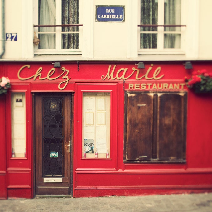 Chez Marie, Paris Photo, Romantic Travel Photograph, Valentine, France, Bistro Restaurant in Red and Creamy White