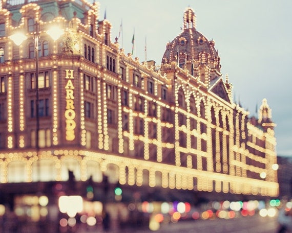 London Photography - A Night at Harrod's - Lights, Sparkle, Shopping, Romantic, Whimsical Travel Photography, Blue, Gold,