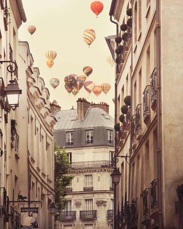 Paris photograph - Paris is a feeling -  Hot air balloons over romantic Paris street - Fine art travel photography