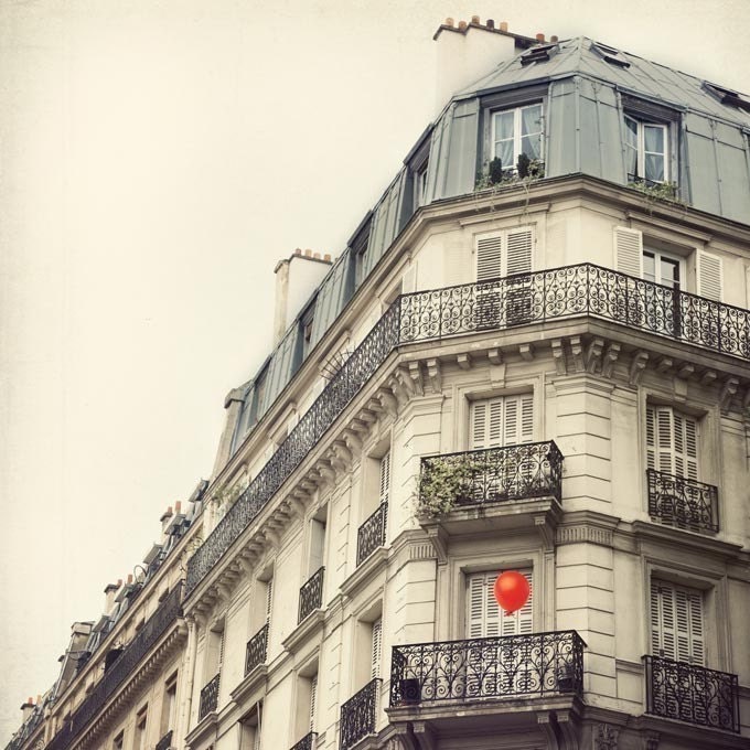 Paris Photo - The Red Balloon - Paris Apartment, Whimsical Travel Photography, Romantic, White, Neutral Colors, Home Decor, Beige, Cream