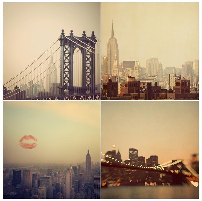 Four NYC Photographs - I Love New York Fine Art Print Set - Travel Photography, Brooklyn Bridge, Orange, Pumpkin, Autumn Colors
