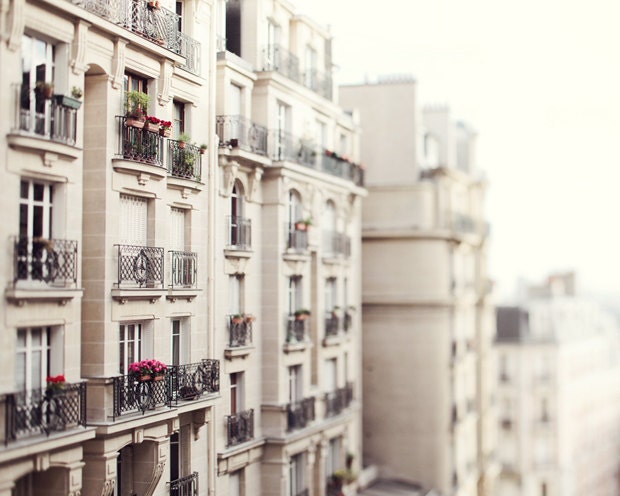 Montmartre Photograph, Paris Print, Apartment Balconies and Windows, Pale Neutrals, Winter White - Les Balcons