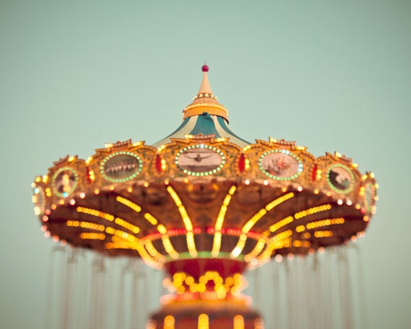 Carnival Photography - Summer Fair, Swings, Colorful, Pastel, Blue, Seafoam, Vacation Fun, Nursery Art, Whimsical, Dreamy - What Goes Aroun