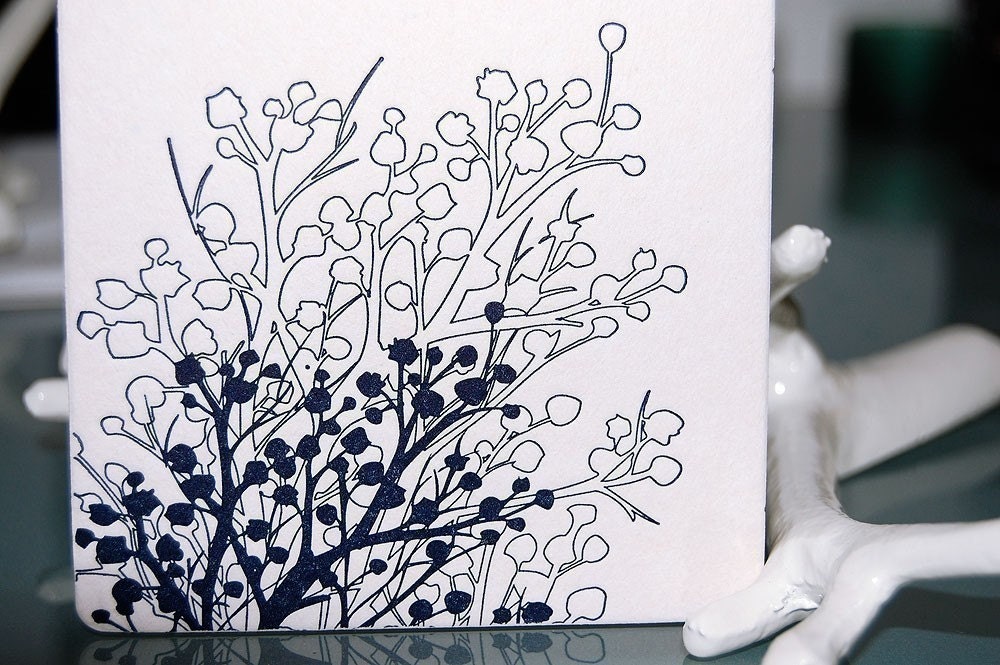 blue tree silhouette, letterpress coasters set of 8