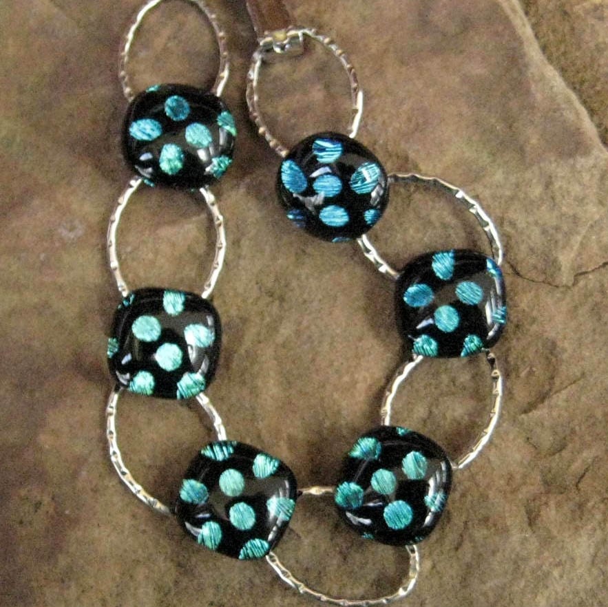 Turquoise Blue Dichoric Jewelry Fused Glass Bracelet  Dichroic Glass Bracelet Turquoise Dots