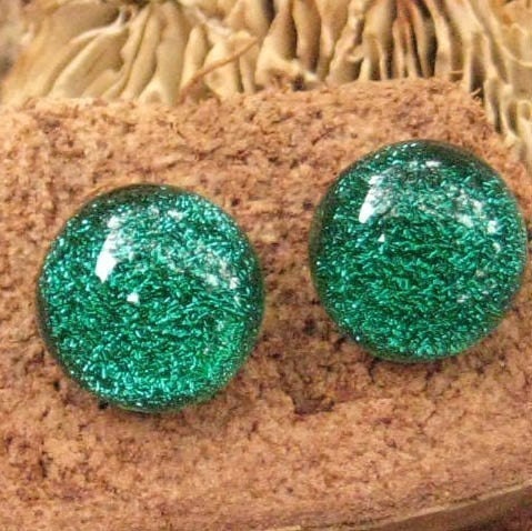 Green Dichroic Jewelry Post Earrings, Emerald Green Dichroic Fused Glass Button Earrings