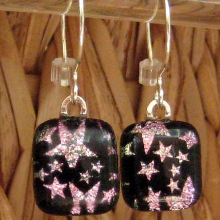 Dichroic Earrings, Pink Starry Night  Dichroic Fused Glass Drop Earrings