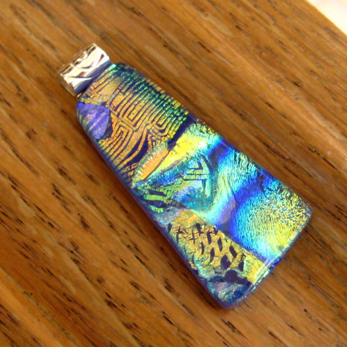 Fused Glass Jewelry, Dichroic Jewlery, Dichroic Fused Glass Pendant-Blue and Gold Mardi Gras