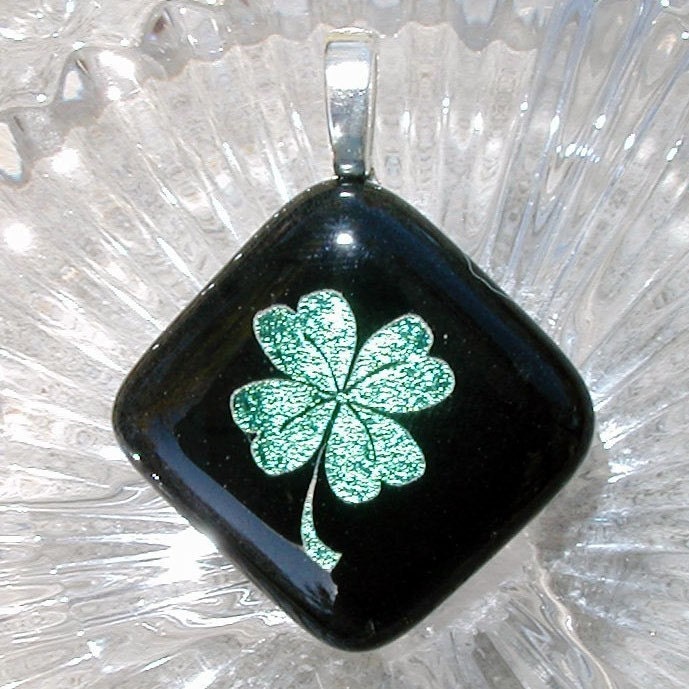 Fused Glass Irish Pendant., Dichroic Glass Pendant, Etched Fused Glass  4 Leaf Clover Pendant