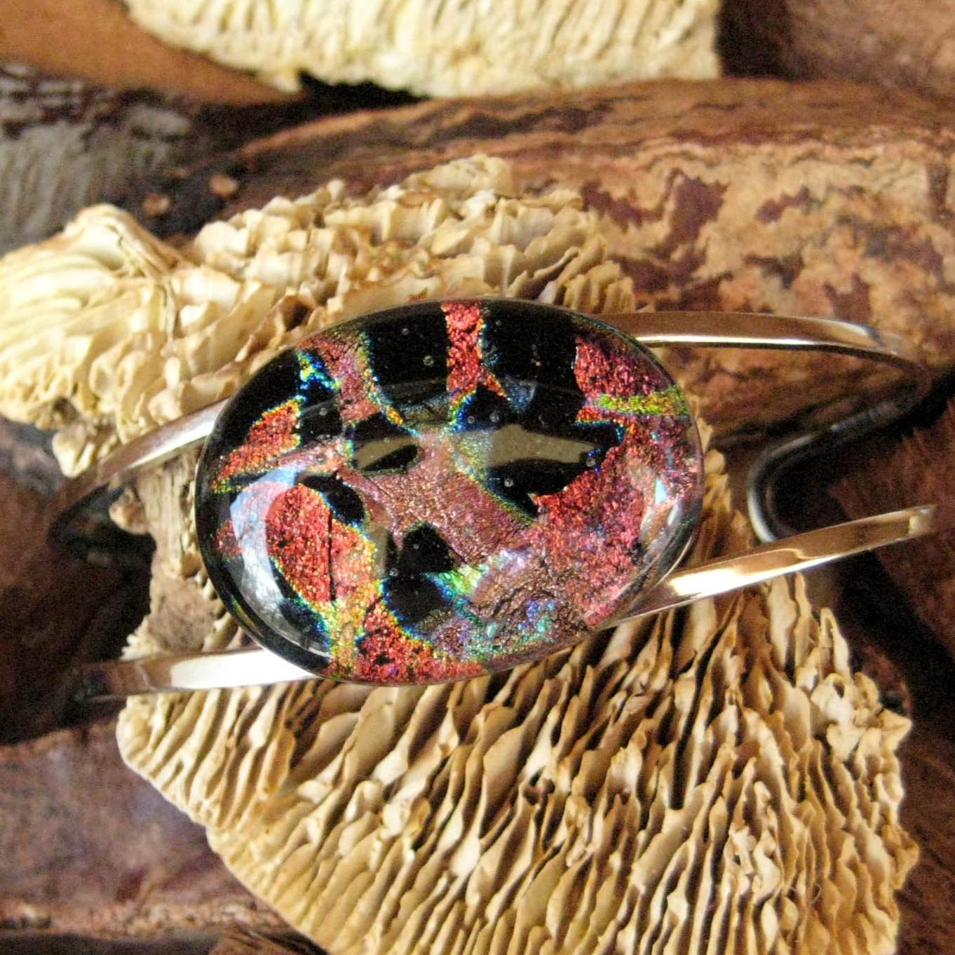 Fused Glass Bangle Bracelet, Sunset Dichroic Fused Glass Bangle Bracelet
