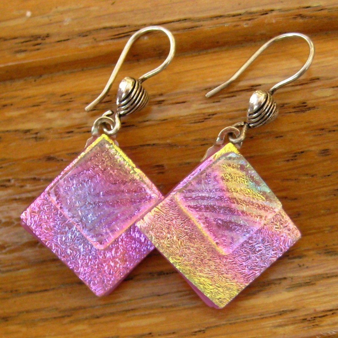 Hot Pink Fused Glass Earrings, Dichroic Fused Glass  Earrings