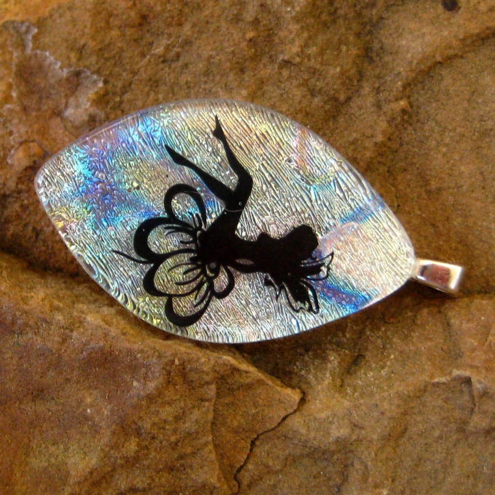 Fused Glass Jewelry, White Fairy Dichroic Fused Glass Pendant - Fairy on a Flower