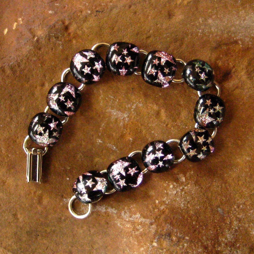 Pink Stars Dichroic Jewelry  Fused Glass Bracelet  Pink Starry Night