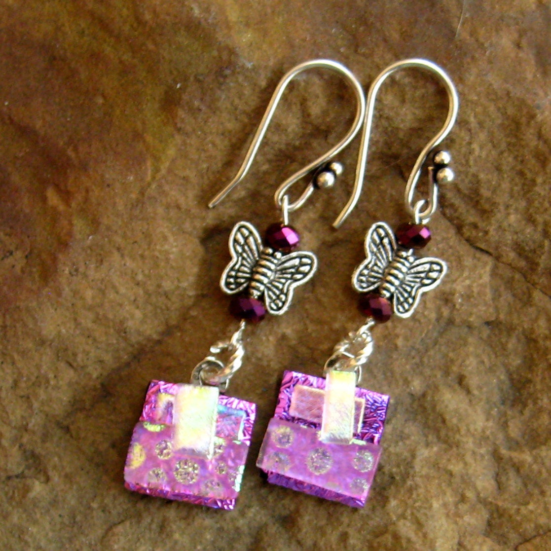 Pink  Dichroic Fused Glass Drop Earrings - Pink Butterfly Earrings