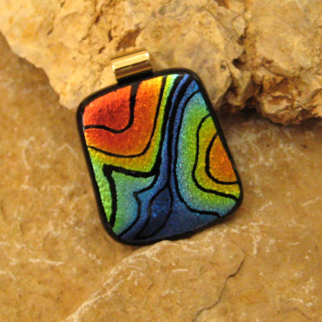 Dichroic Fused Glass Hand Etched  Pendant, Fused Glass -A River Runs Through It