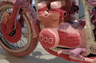 Knit Motorcycle Cozy sculpture by Theresa Honeywell