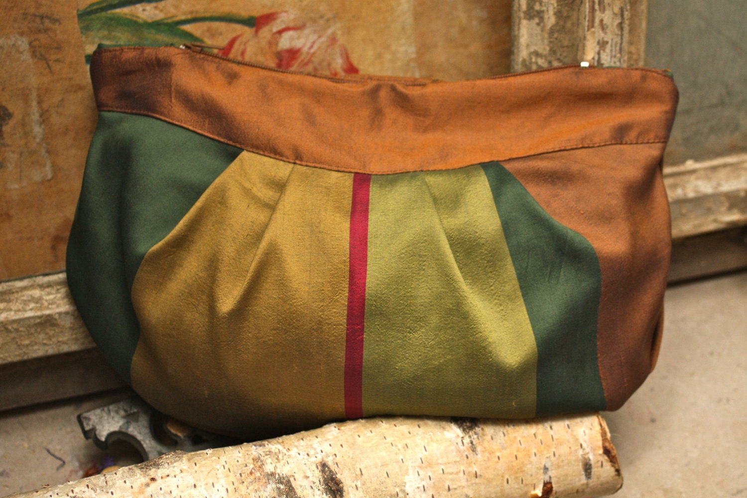 sale 50% off - MEREDITH medium-sized purse / clutch - cognac brown and absinthe green stripes - SILK DUPION