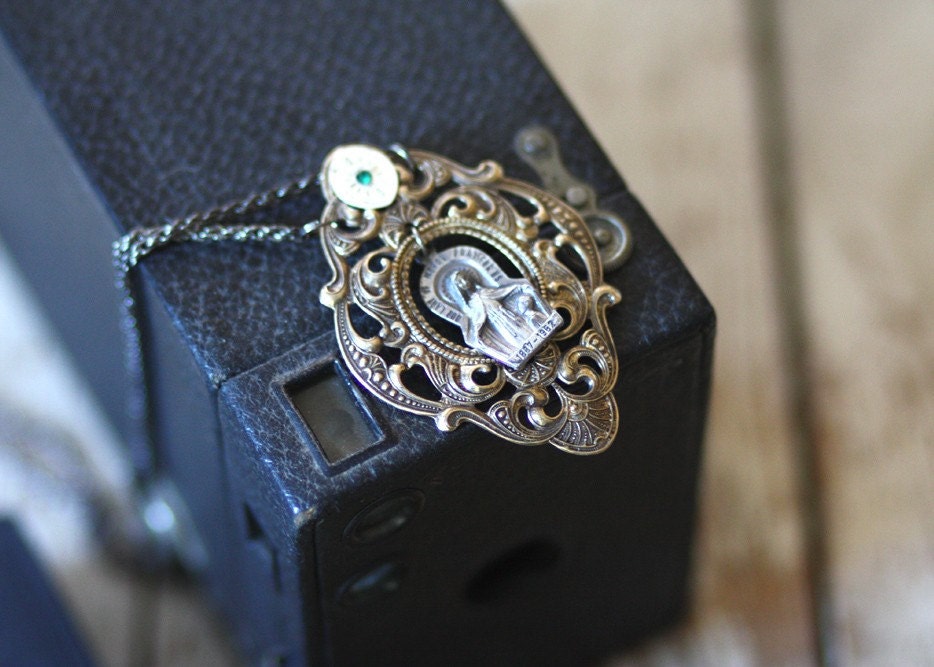 Vintage Religious Steampunk Necklace Bulova Watch Face Swarovski EMERALD Crystal - Our Lady of Mercy