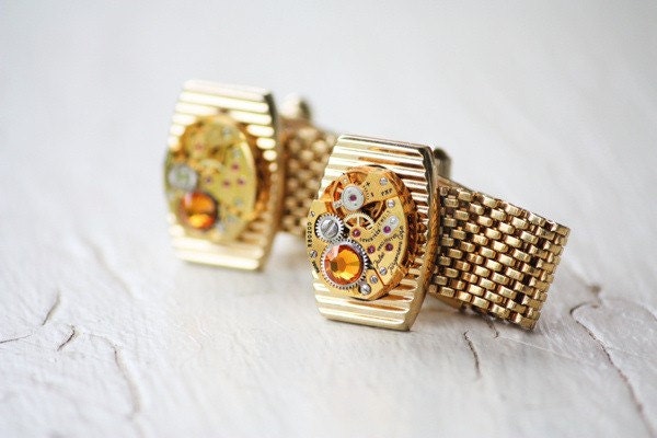Vintage Steampunk Cuff Links Gold Hickok Jules Jurgensen Bulova Watch Movements Swarovski Topaz Crystals - Hidden Methodology