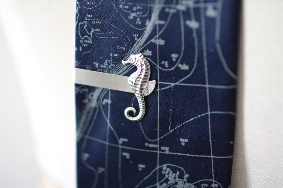 Nautical - Silver Seahorse Alligator Bar Tie Clip - groomsman gift tie clip
