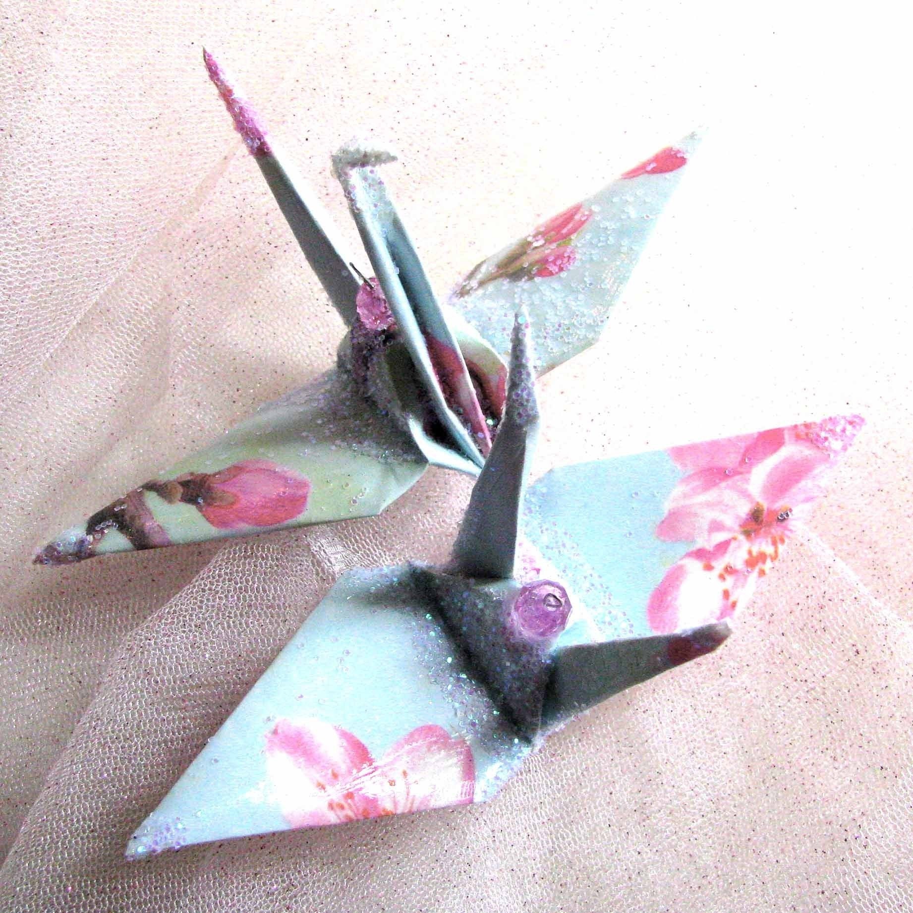 Blue Sky Sakura Peace Crane Wedding Cake Topper Favor Christmas Ornament Origami Japanese Bird