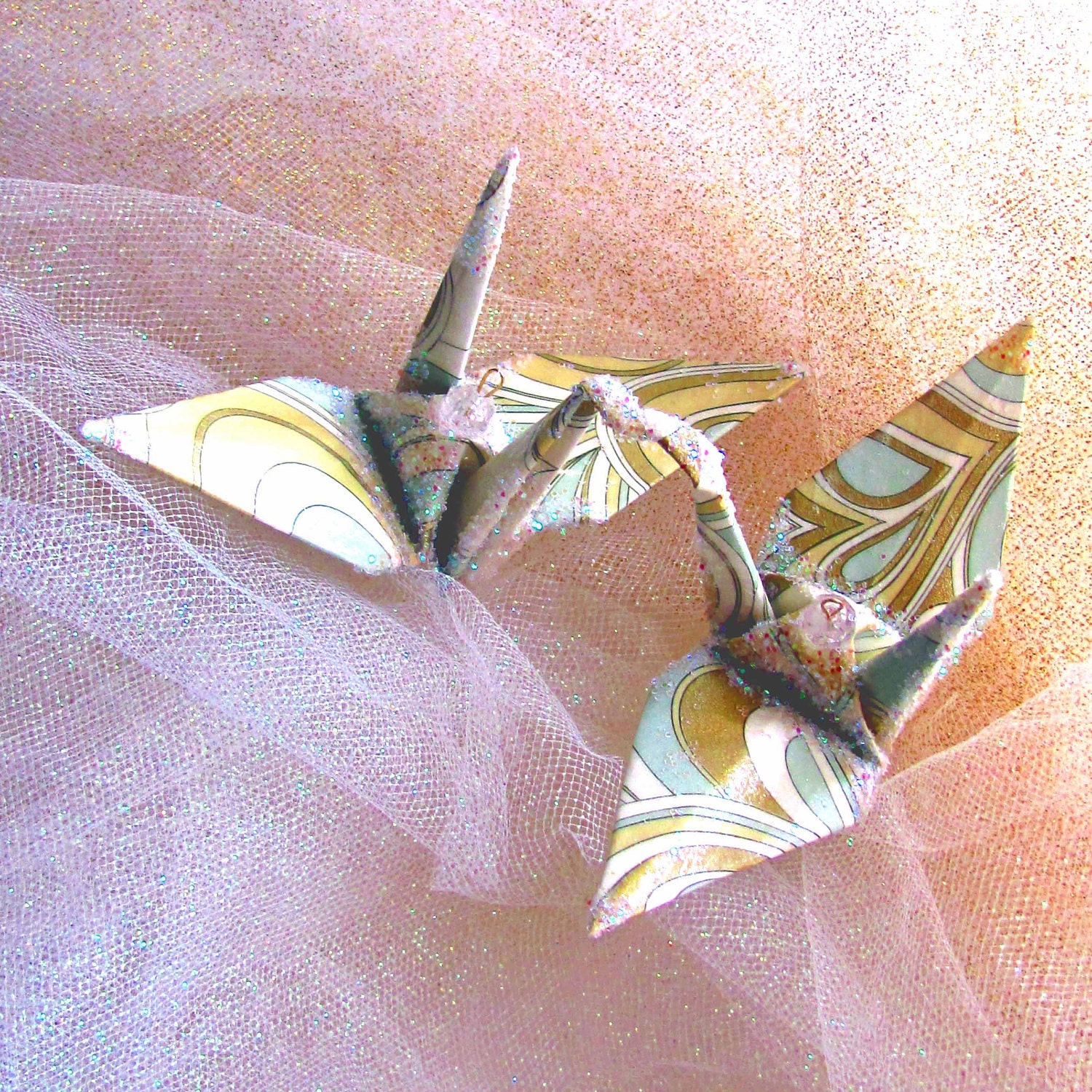 Gold Mint Peace Crane Wedding Cake Topper Party Favor Origami Ornament Japanese Paper Bird