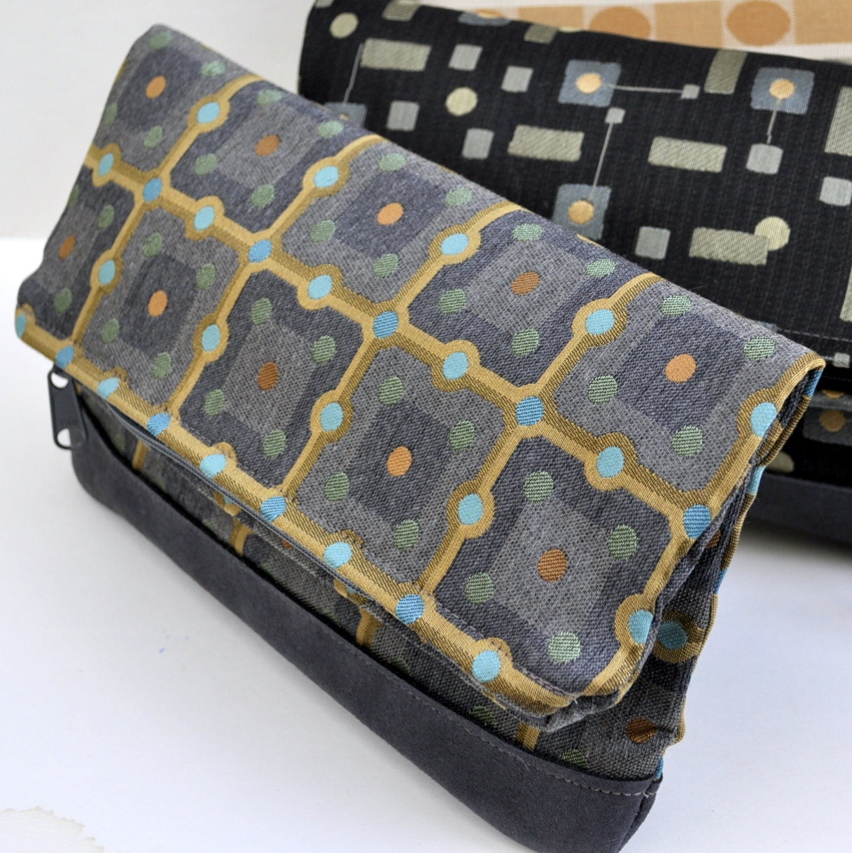 Fold Over Clutch in Gray Squares Eco Friendly