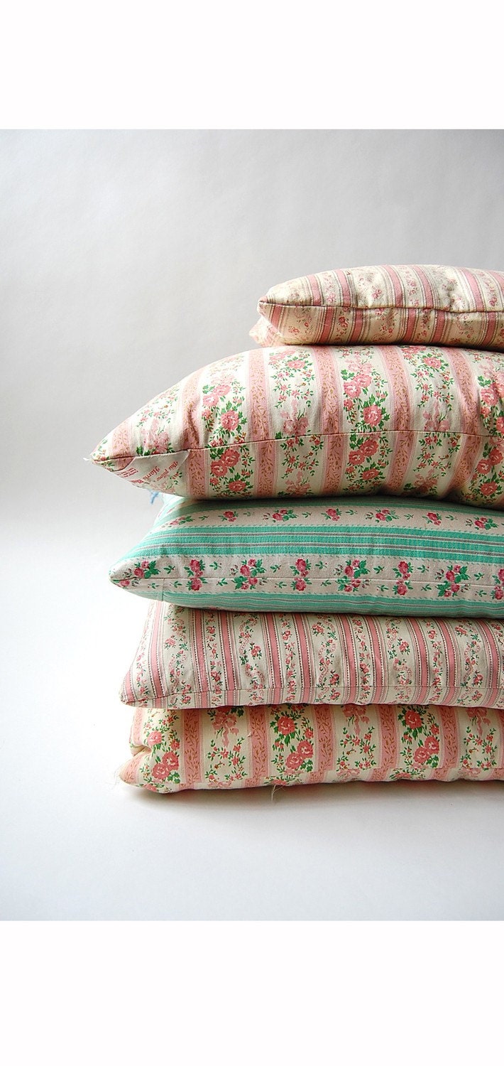 Set of 5 vintage Ticking Feather and Down Pillows . Farm Cottage Chic