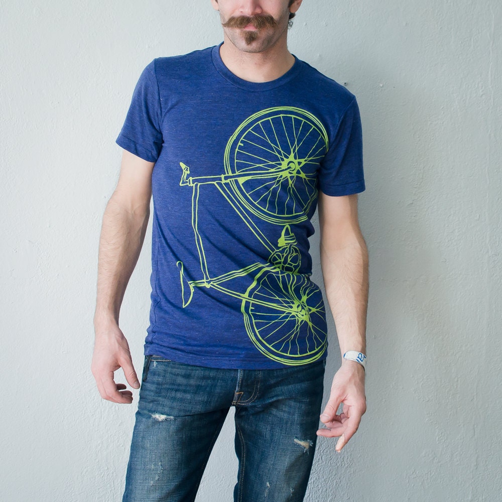 Large - Fixie Bike - adult tshirt, lime green bicycle on indigo tri-blend