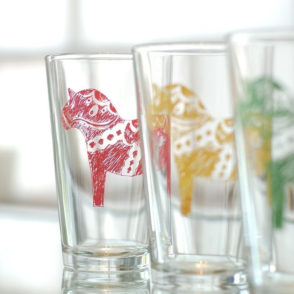 Dala Horse, screen printed glassware, multi color, set of 4 pint glasses