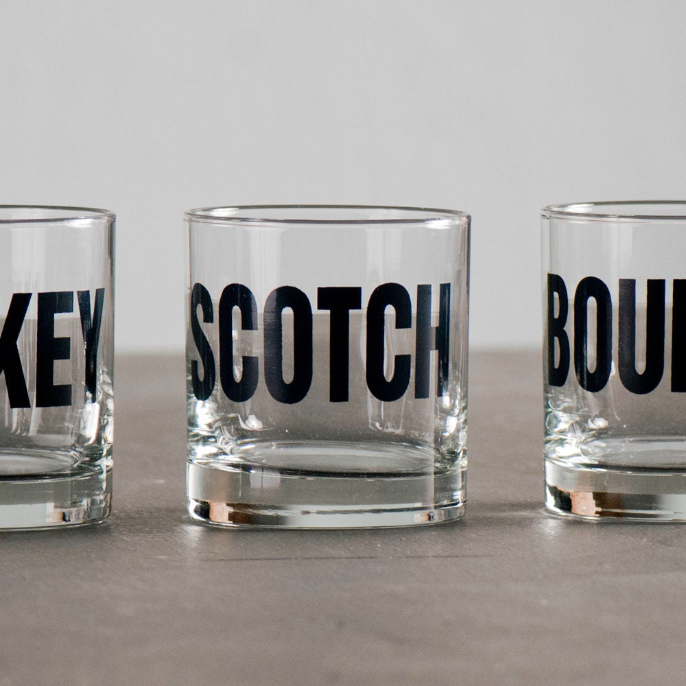 Whiskey, bourbon, scotch and rye - hand printed rocks glasses