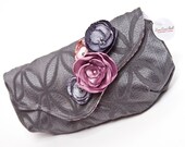 Fold Over Snap Clutch - Charcoal/Silver Geo with Flower Blossom detail