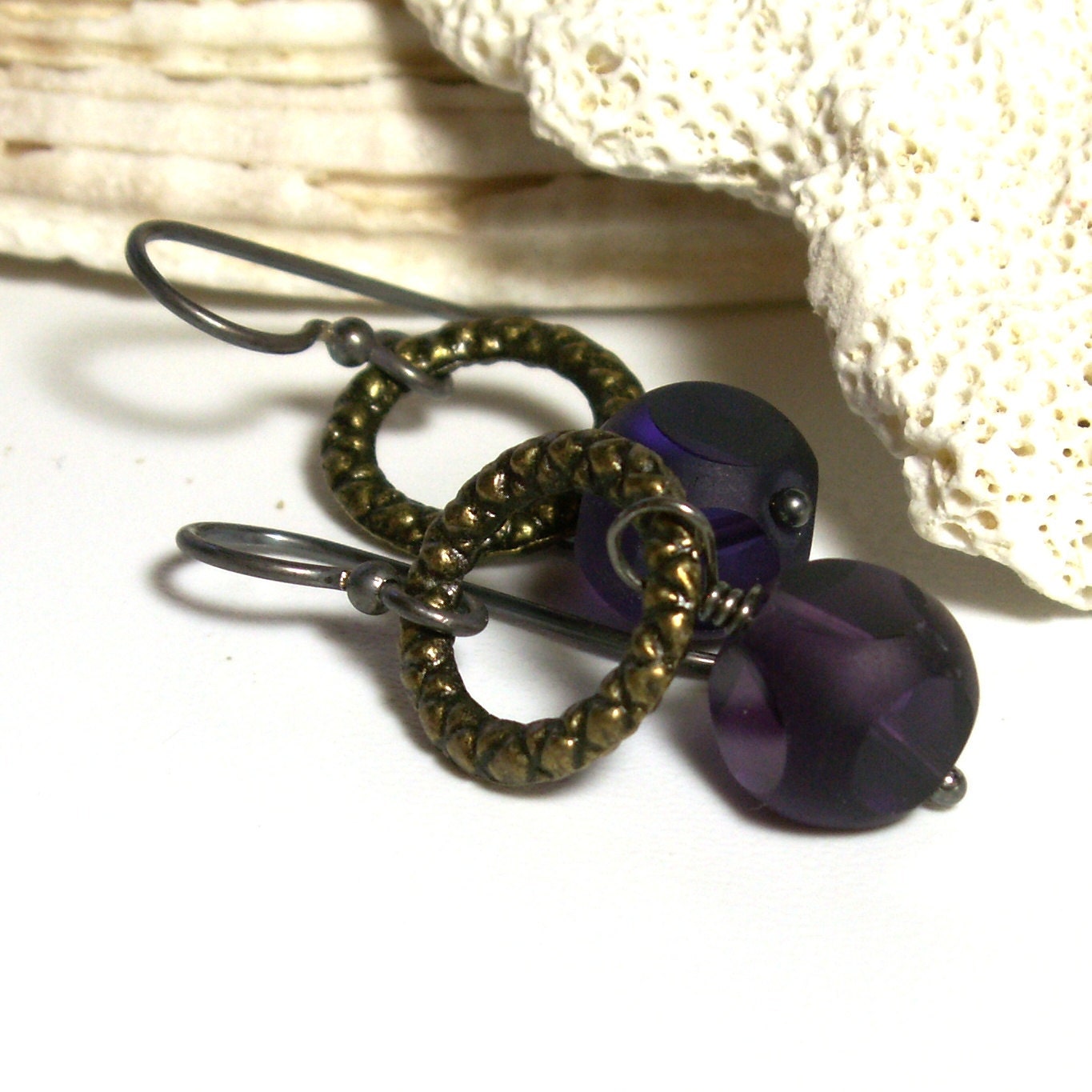 Violet Glass Earrings . Vintage Glass Bead Earrings . Mixed Metal Earrings