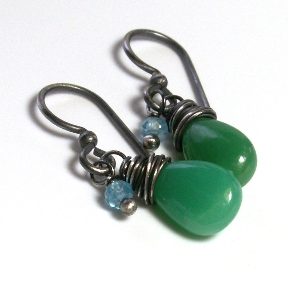 Green Chrysoprase Earrings . Dangle Aqua Gemstone Oxidized . Sterling Silver