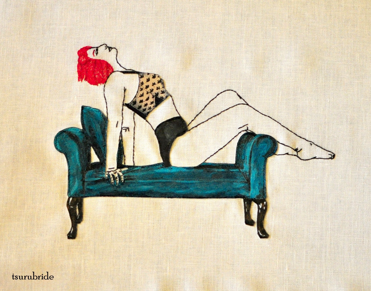 SALE Cherry Lounging on a Settee Embroidered Wall Hanging