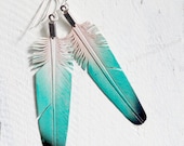 vvv  SALE vvv       hand painted leather feather earrings - evening swim
