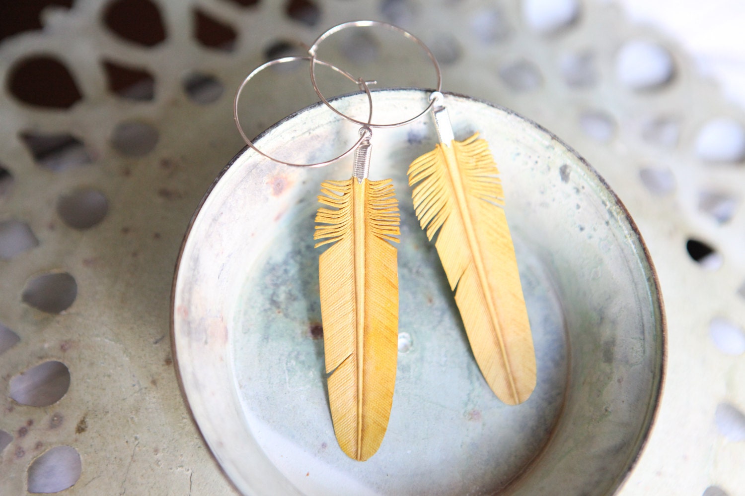 yellow leather feather earrings on sterling silver hoops