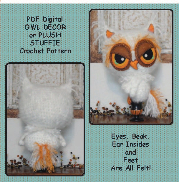 SALE Digital PDF Owl Crochet Pattern with Felt Eyes Candlestick Holiday Decor or Plush Stuffie Halloween Thanksgiving Christmas