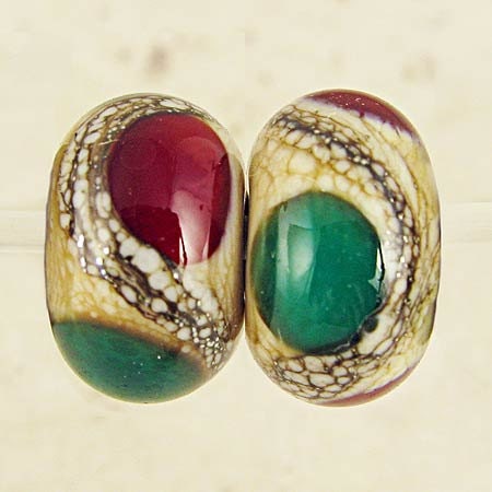 Glass Lampwork Beads Pair Handmade Cream base with Red  Green and Ivory Small 11x7mm Christmas