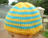 Toddler hand knit beanie hat yellow aqua blue stripes boy girl pure australian wool 12-24 months winter autumn bright knitted hat READY MADE