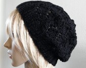 Hand knit hat lacy beret slouchy hat in solid black wool handknitted women noir warm teen winter beanie