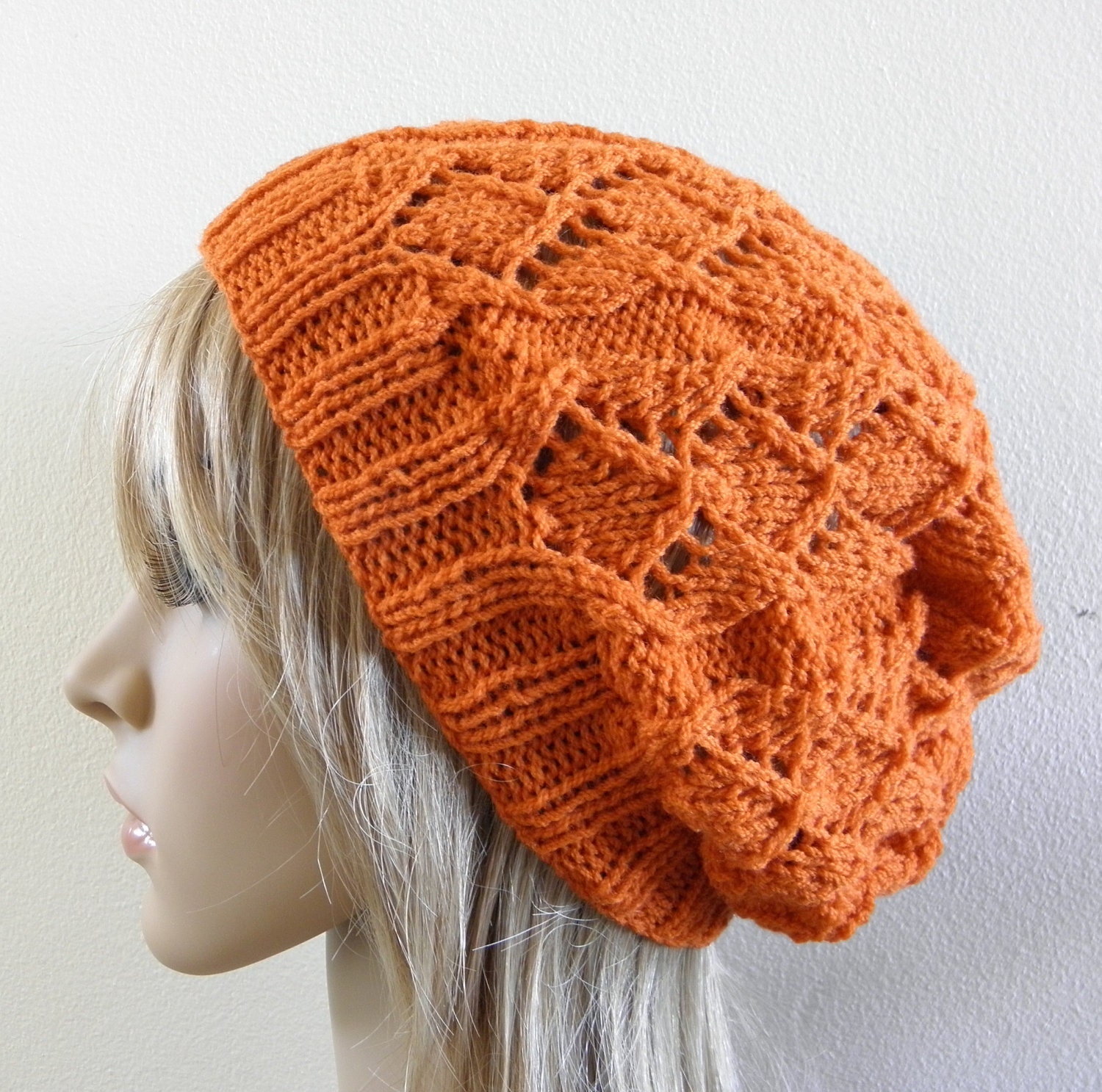Lacy beret slouchy hat in autumn pumpkin orange pure fine lux australian wool hand knit limited edition