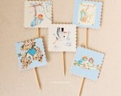 BLUE BIRDS party cupcake TOPPERS for boy- set of 20