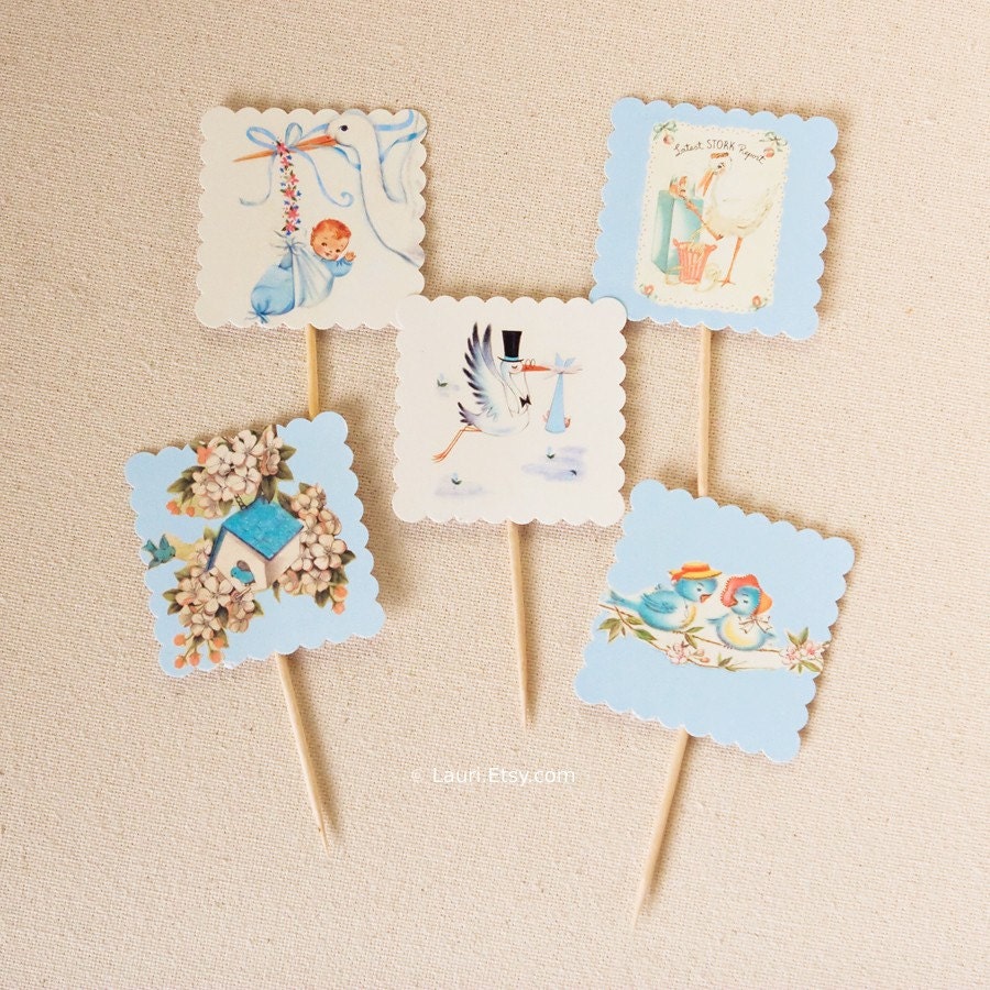 BLUE BIRDS party cupcake TOPPERS- set of 10