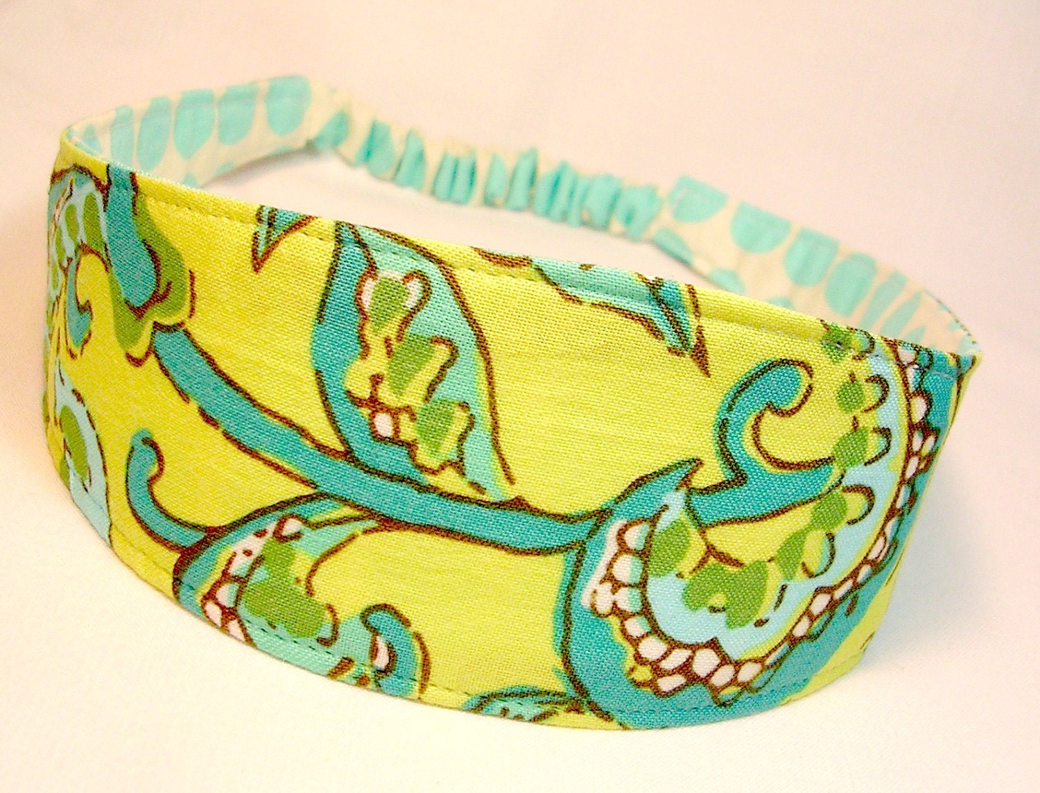 Headband Reversible  Dancing Paisley in Lemon anddot turquoise  women Fabric  Hairband